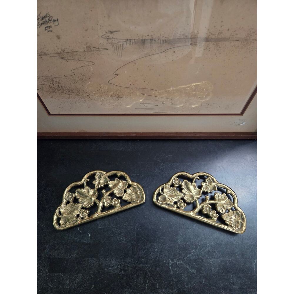 Pair of Harvin Brass Trivets 8.5" Floral Vine Design Vintage USA Mid-Century